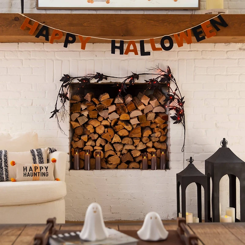 6.5ft. Pre-Lit Artificial Halloween Black Maple Garland with 48 Orange & Purple LED Lights