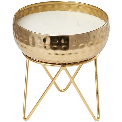 8" White Roses in Paradise Scented 3-Wick Candle with Hammered Gold Container and Tripod Stand