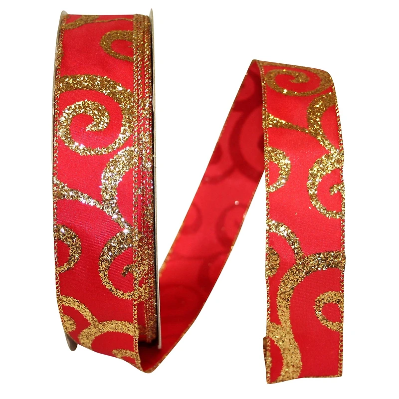 JAM Paper 1.5" x 50yd. Red & Gold Scroll Wired Glitter Ribbon