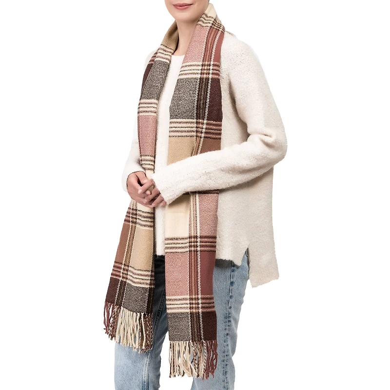 Glitzhome® 77" Pink, Cream & Gray Plaid Scarf with Tassels