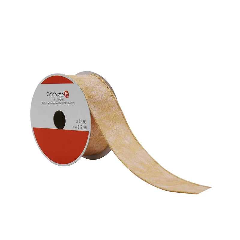 1.5" x 5yd. Beige Foil Print Wired Velvet Ribbon by Celebrate It® Blush Romance