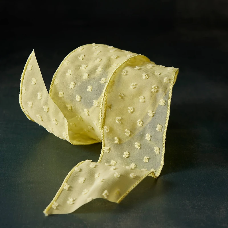 2.5" x 3yd. Wired Yellow Pom Pom Dotted Crinkle Chiffon Ribbon by Celebrate It®