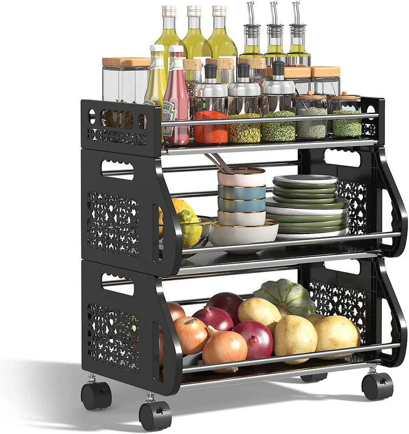 Black 3-Tier Rolling Stackable Utility Cart