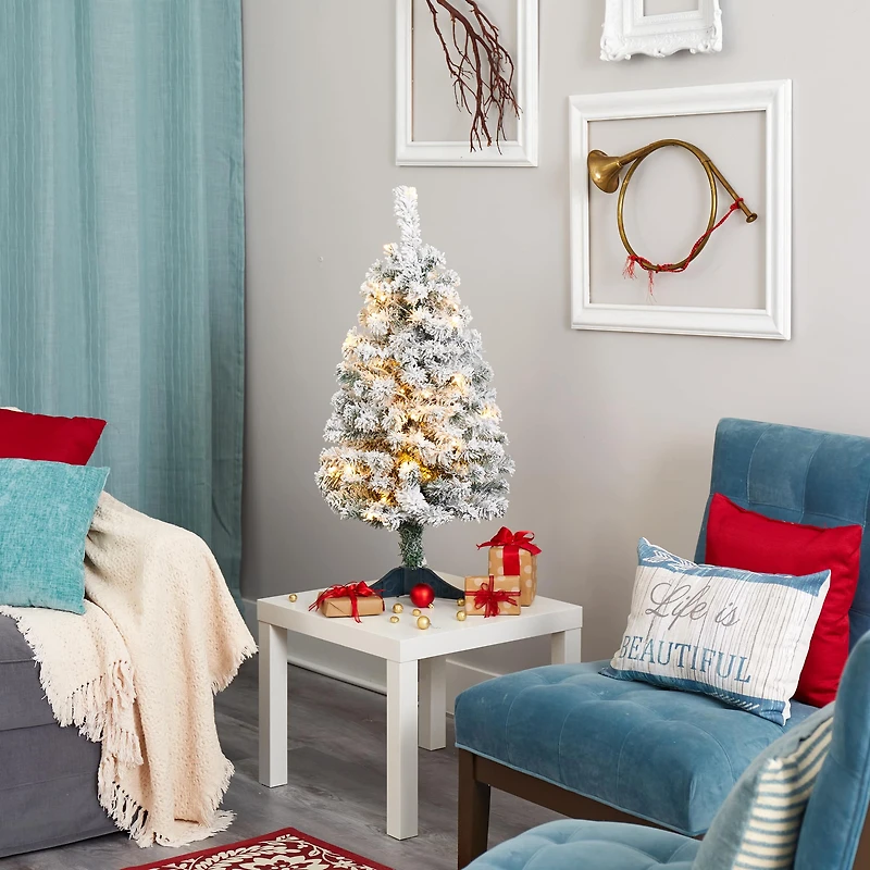 3ft. Pre-Lit Flocked Rock Springs Spruce Artificial Christmas Tree, Clear LED Lights