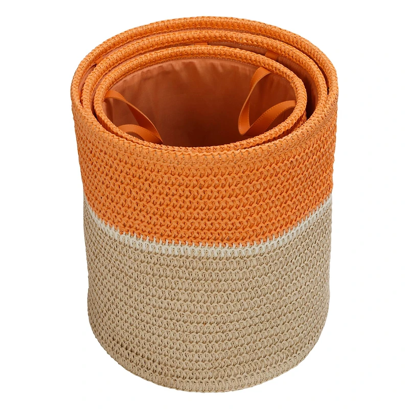 Honey Can Do Orange & Beige Paper Straw Nesting Baskets with Handles Set
