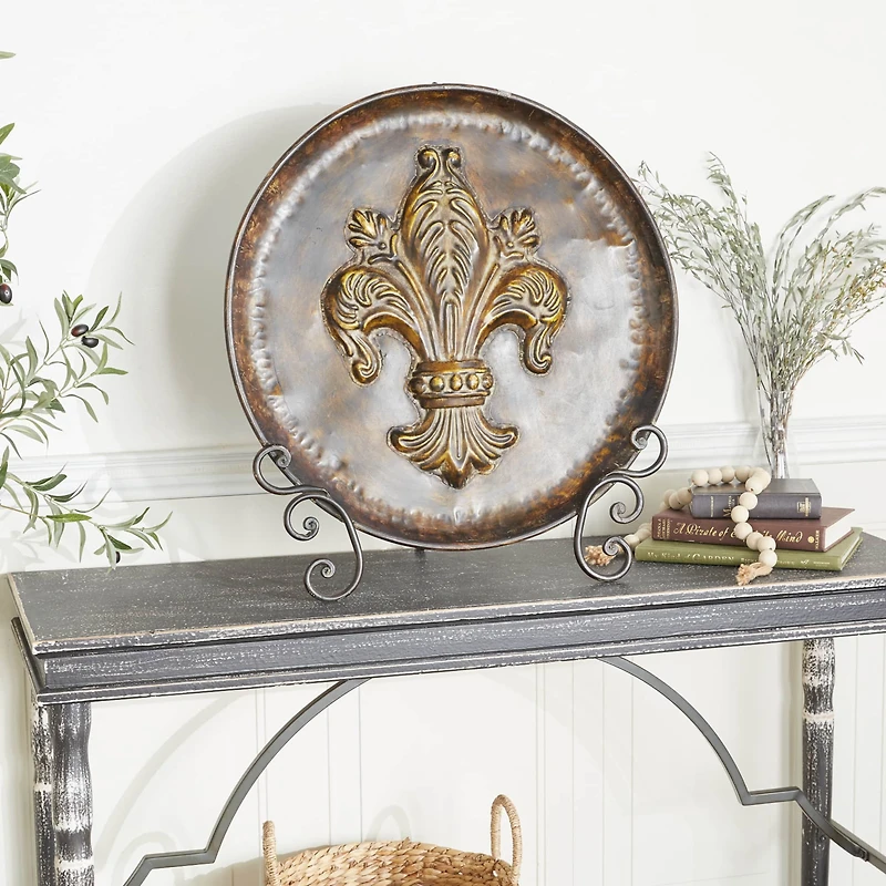 25" Traditional Decorative Iron Fleur de Lis Plate with Stand