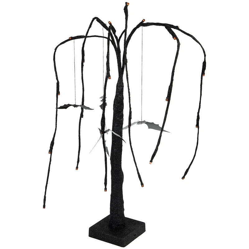 24" LED Lighted Black Glittered Halloween Willow Tree with Bats