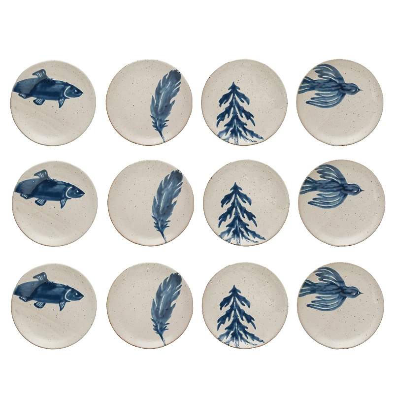 Hello Honey® Antique White & Blue Farmhouse Flora & Fauna Hand Painted Stoneware Plates, 12ct.