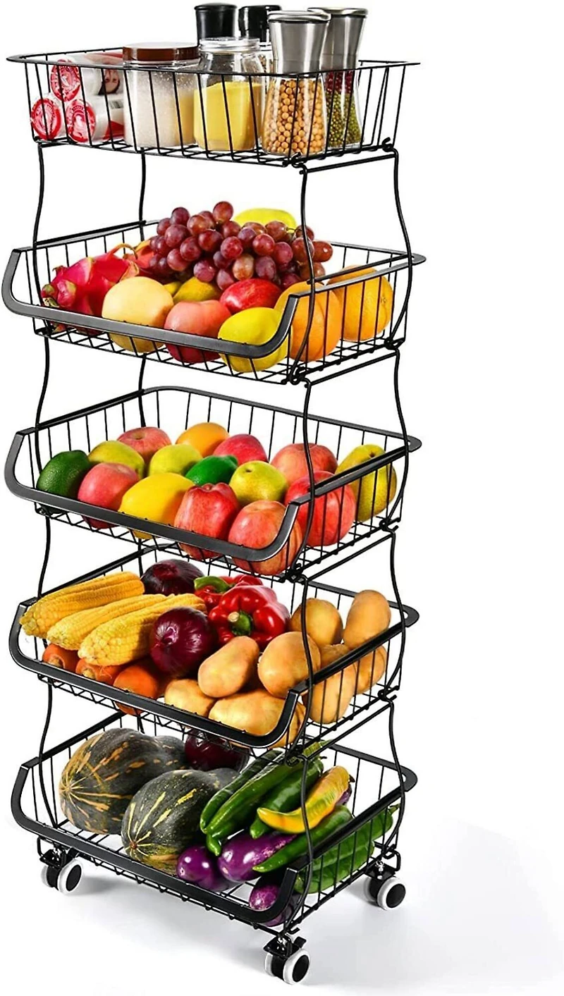 Black 5-Tier Fruit Basket Rolling Cart