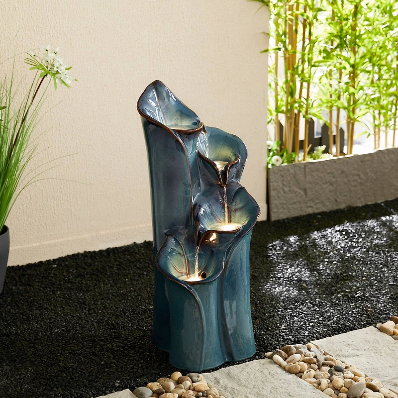 Glitzhome® 31.25" 4-Tier LED Lotus Leaf Textured Ceramic Vase Outdoor Floor Fountain