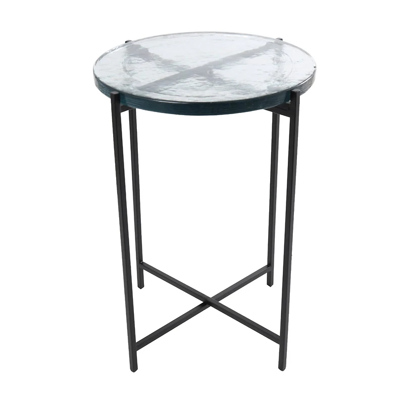 24" Metal X-Shaped Accent Table with Textured Glass Tabletop