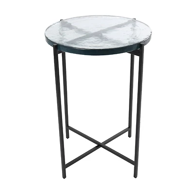 24" Metal X-Shaped Accent Table with Textured Glass Tabletop