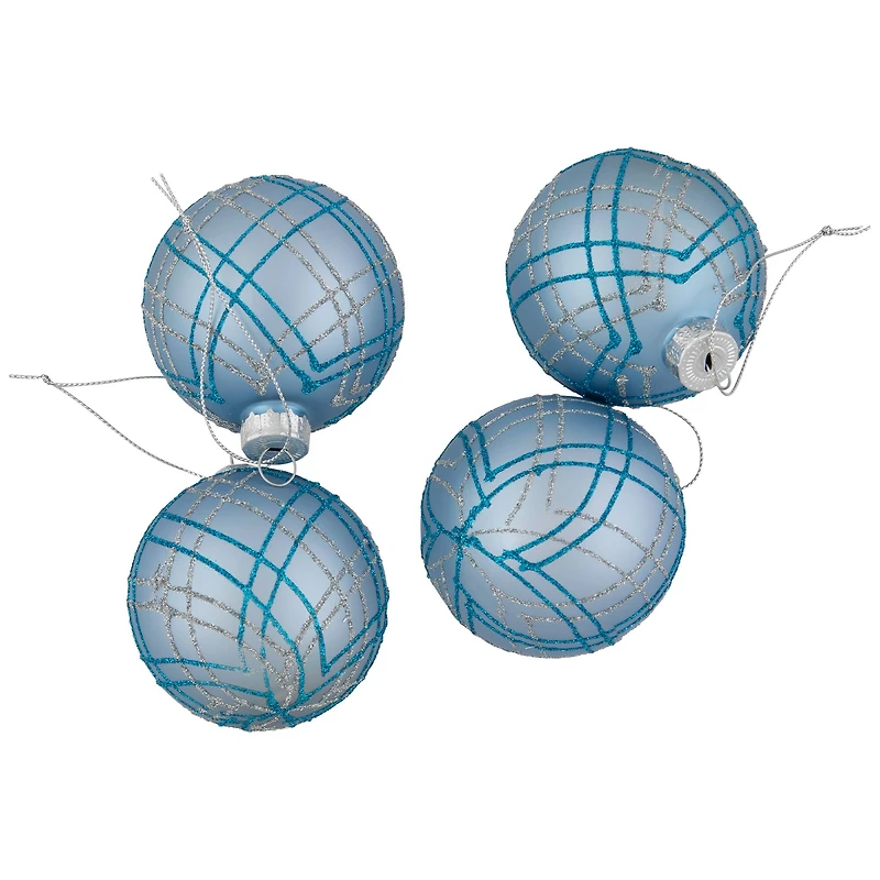 4ct. 2.75" Blue & Silver Plaid Glitter Glass Christmas Ornament Ball Set