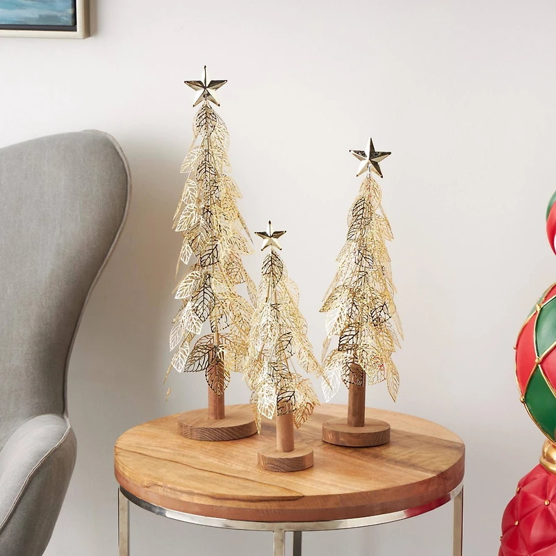 Gold Metal Layered Cutout Leaf Christmas Tree Sculpture Set