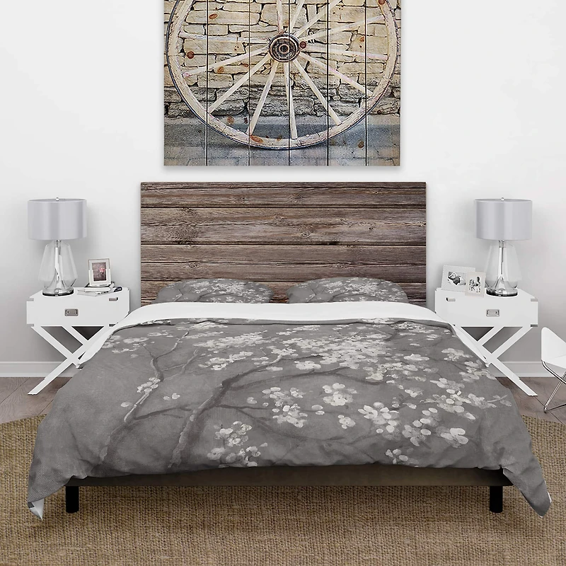Designart 'White Cherry Blossoms I' Farmhouse Bedding Set