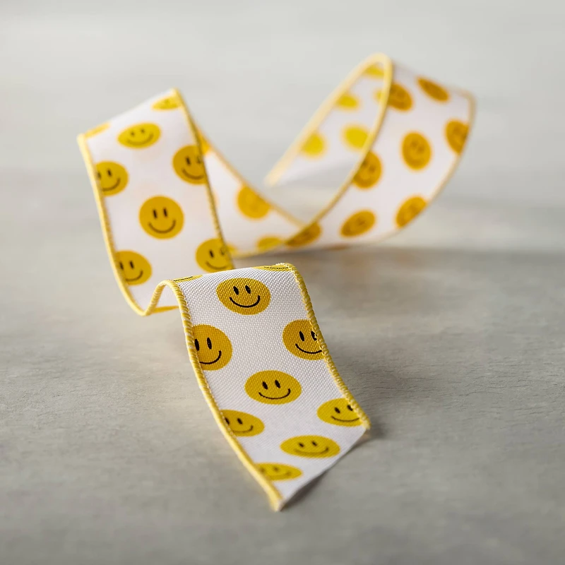 1.5" x 3yd. Wired Yellow Smiley Face Ribbon by Celebrate It™ Classic