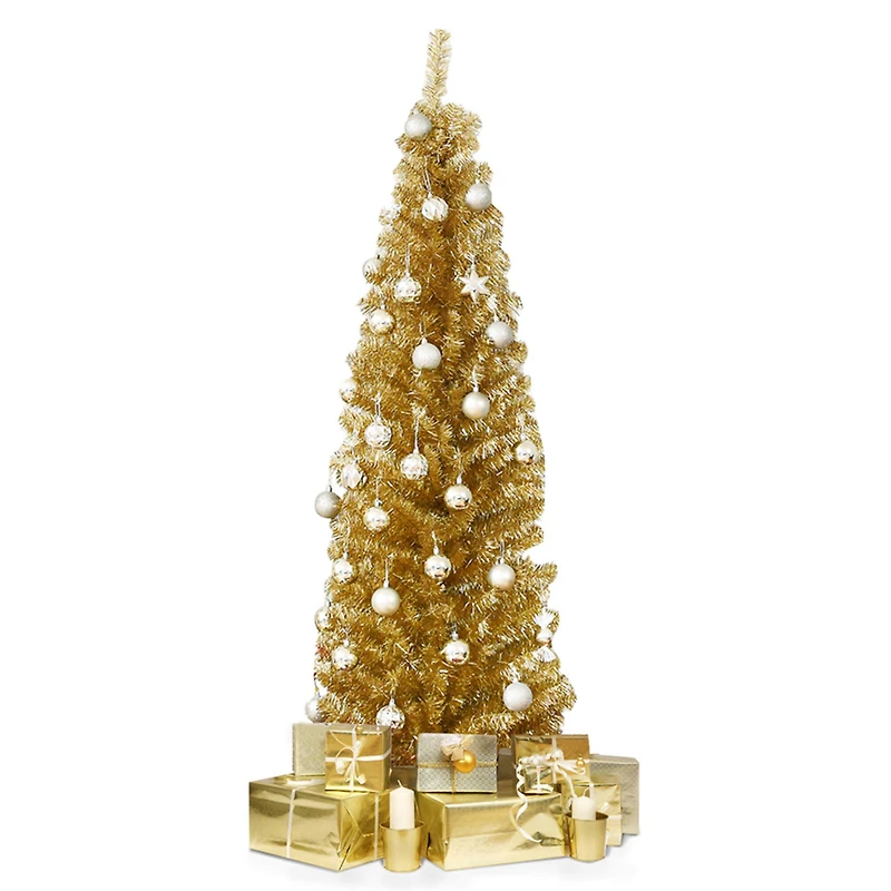Costway 6ft. Unlit Champagne Gold Tinsel Slim Christmas Tree