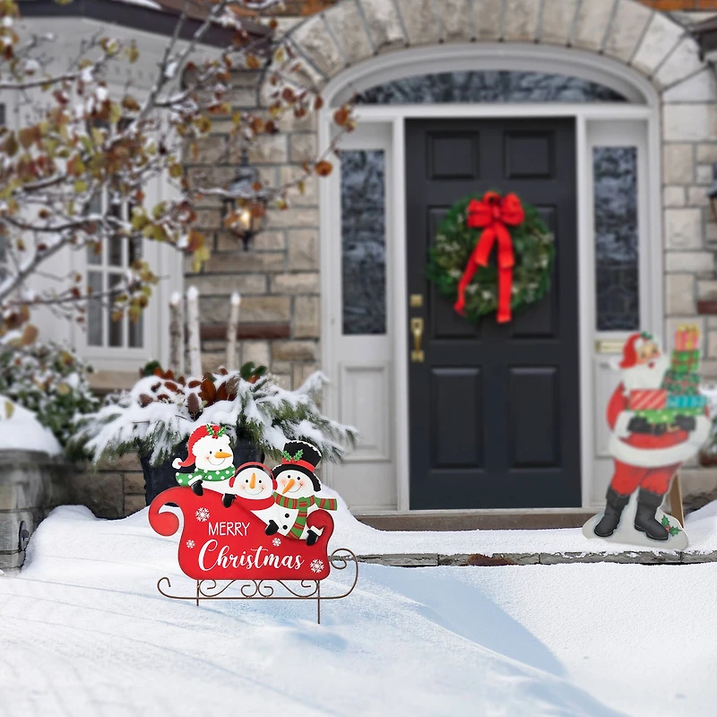 Glitzhome® 24" Metal Snowmen Riding Sleigh Yard Stake