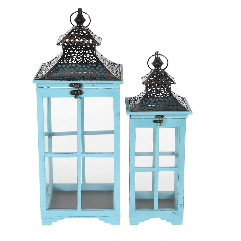 Set of 2" Turquoise Wood Coastal Lantern, 21", 26"