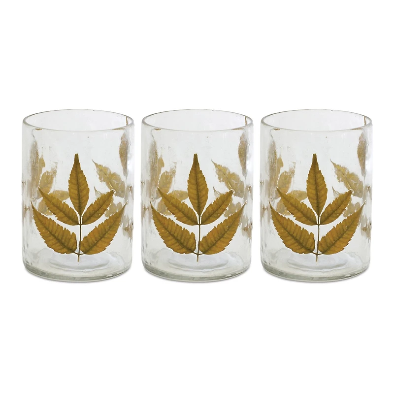 4" Dried Leaf Glass Candle Holder Set