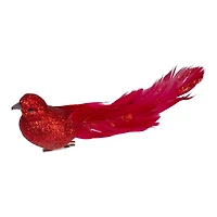 Glittered Bird With Feather Tail Christmas Clip On Ornament - 7" - Red