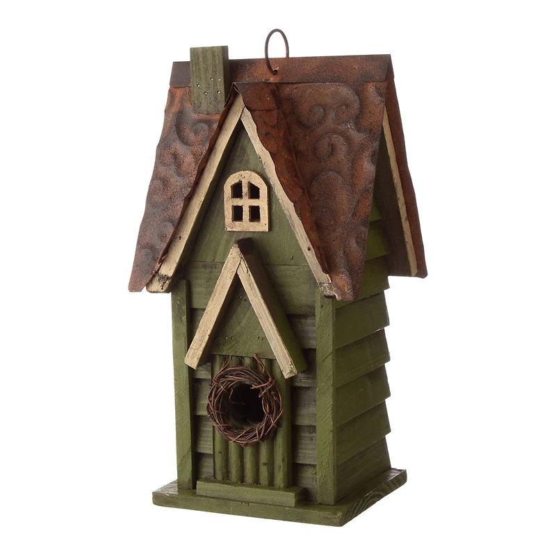 Glitzhome® Tall Distressed Green Wood Bird House