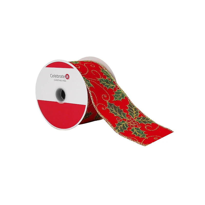 2.5" x 20ft. Red Glitter Holly Wired Ribbon by Celebrate It®