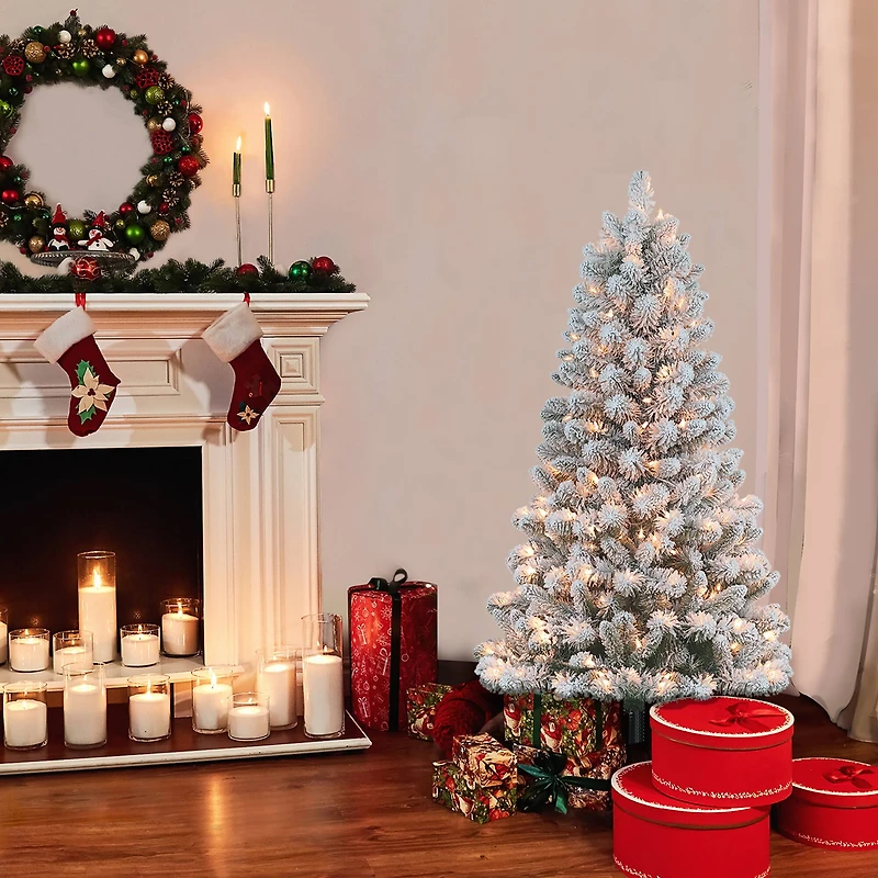 4.5ft. Pre-Lit Flocked Virginia Pine Artificial Christmas Tree, Clear Lights