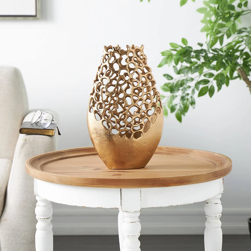 15" Gold Aluminum Vase with Freeform Open Lattice