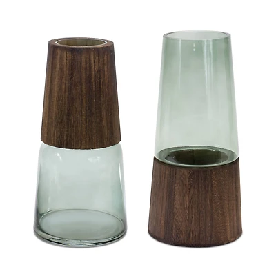11" Tapered Glass with Wood Accent Vase Set