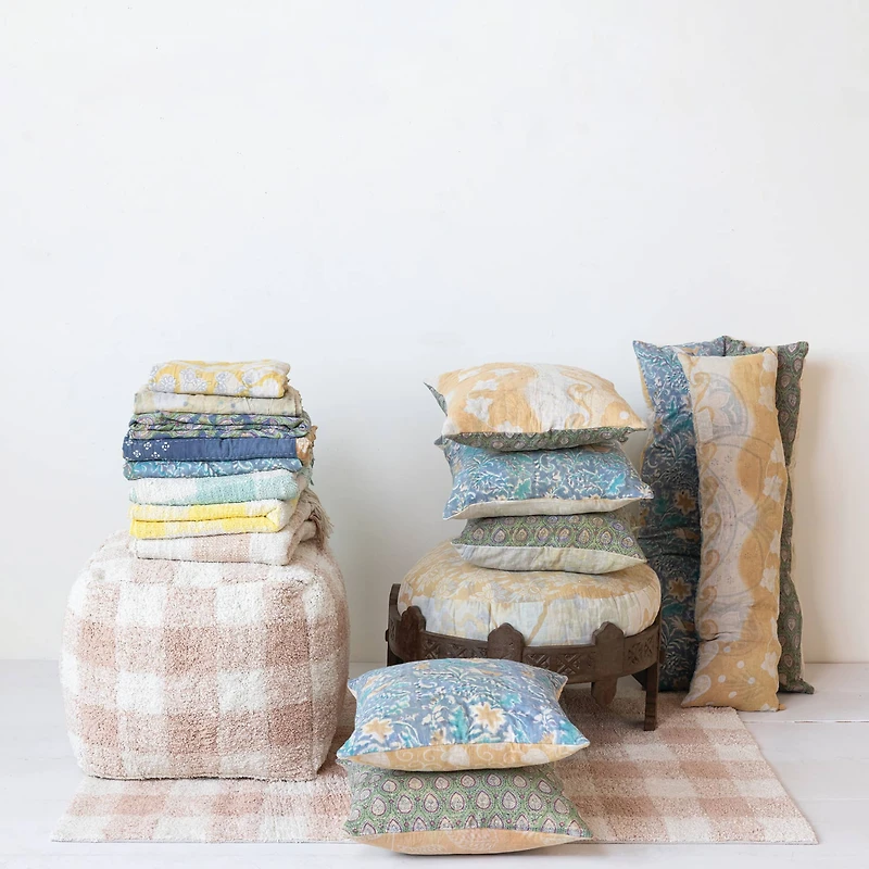 Hello Honey® 18" Blush & Cream Plaid Cotton Tufted Pouf