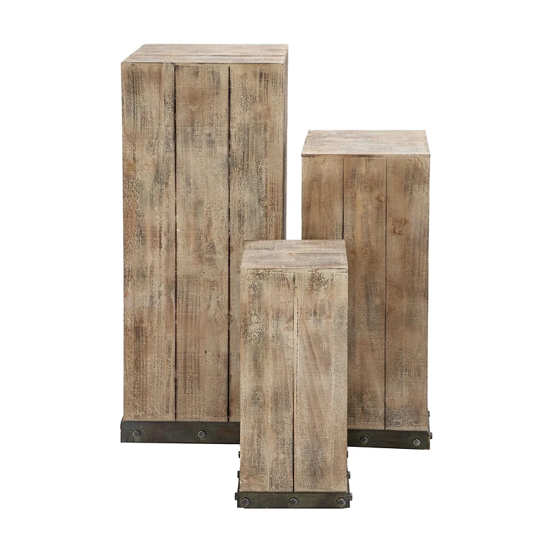 Set of 3" Brown Wood Rustic Pedestal Table, 39", 30", 22"