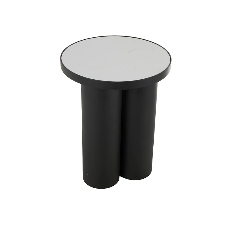 19.75" Black Metal Side End Accent Table with White Marble Tabletop
