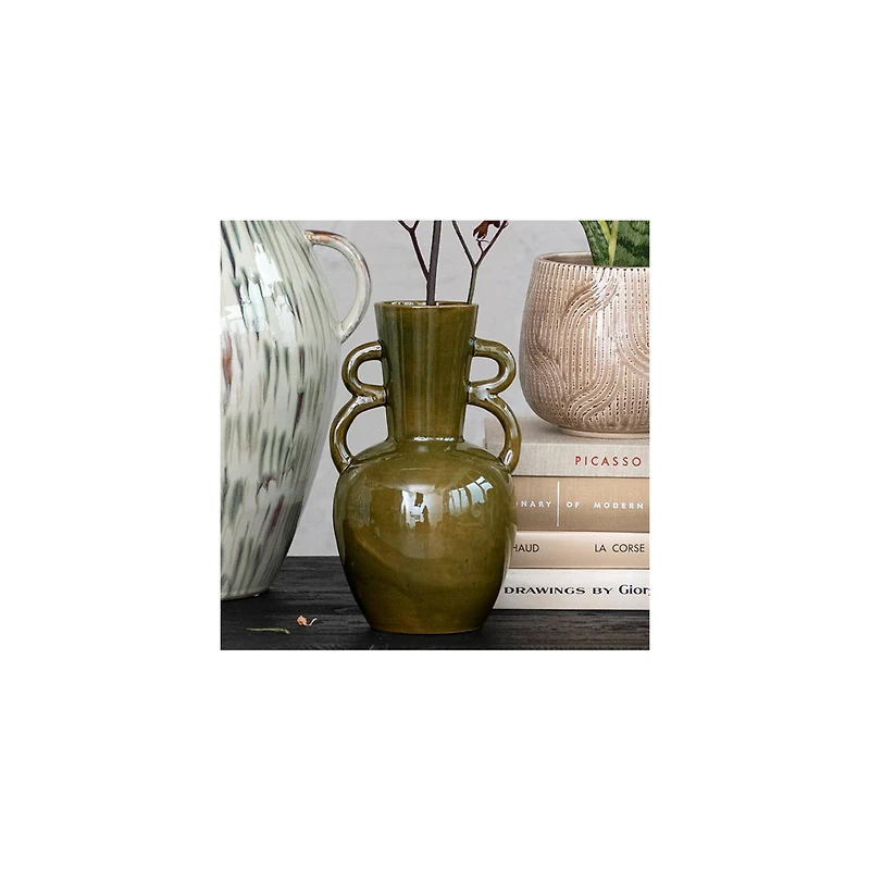 Hello Honey® 8.5" Olive Green Reactive Glaze Stoneware Vase with Handles