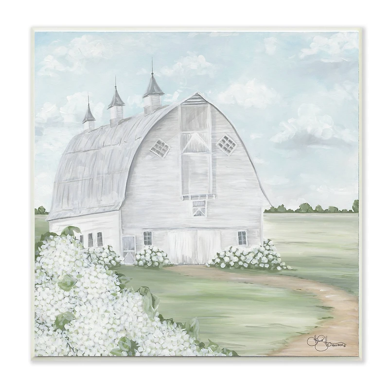 Stupell Industries Soft Country Landscape White Barn and Hydrangeas Wood Wall Plaque