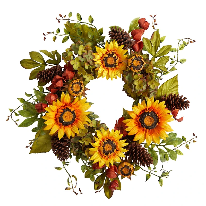 26" Hydrangea, Sunflower & Pinecones Artificial Autumn Wreath