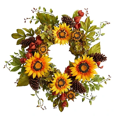 26" Hydrangea, Sunflower & Pinecones Artificial Autumn Wreath
