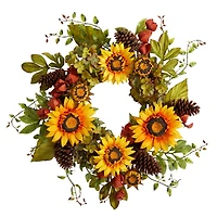 26" Hydrangea, Sunflower & Pinecones Artificial Autumn Wreath
