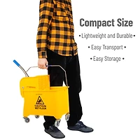 Mind Reader Mop Bucket with Wringer, 5.5 Gallon Upward Press, Plastic Cleaning Bucket with Handle and Wheels, Yellow