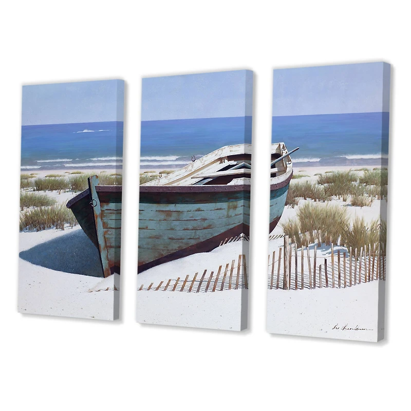 Designart - Blue Boat on Beach - Beach Canvas Artwork