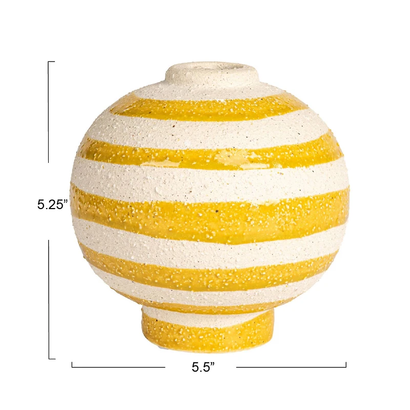 Hello Honey® 5.25" Yellow & White Striped Stoneware Vase with Sphere Shape & Footed Base