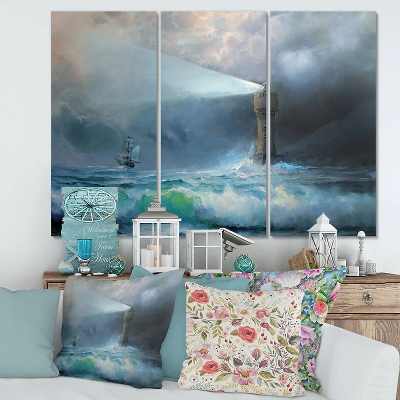 Designart - Lighthouse Shining Light During Stormy Night II