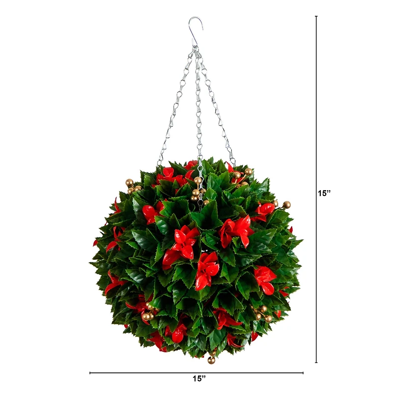 15in. UV Resistant Artificial Red Tip Photinia Christmas Hanging Ball with Gold Berries (Indoor/Outdoor)