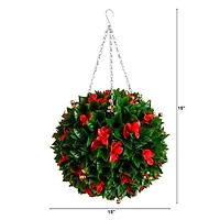 15in. UV Resistant Artificial Red Tip Photinia Christmas Hanging Ball with Gold Berries (Indoor/Outdoor)