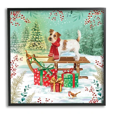 Stupell Industries Puppy On Sled Christmas Gifts Framed Giclee Art