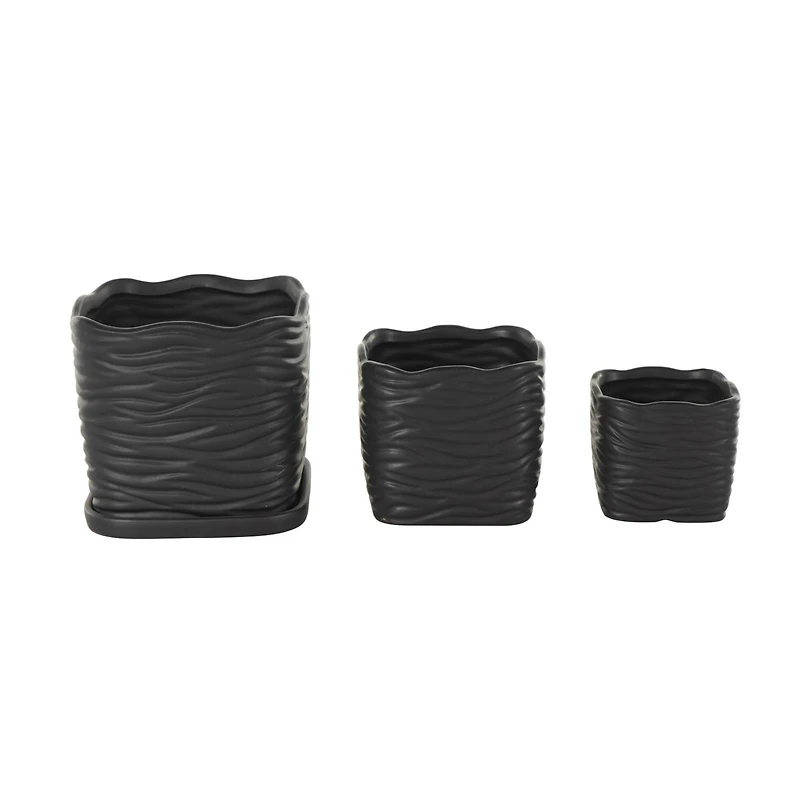 Black Wavy Ribbed Ceramic Planter Set