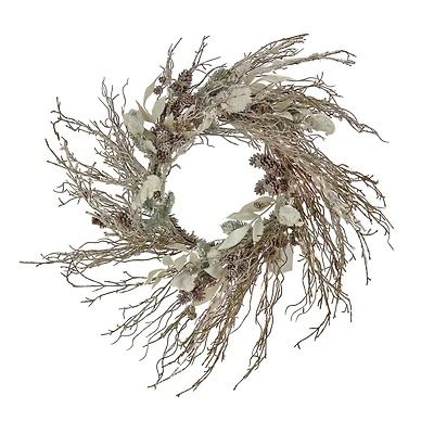 24" Christmas Alpine Trimmed Snow Lump Wreath, 150 Pure White LED Rice Lights