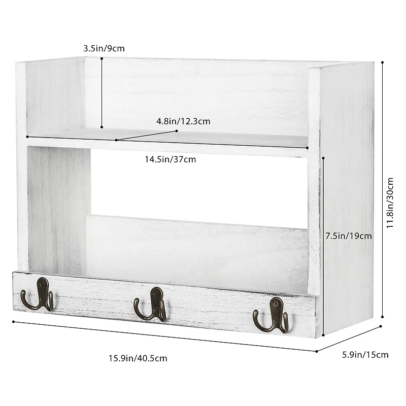 Rustic Wood Floating Storage Shelf with 3 Hooks