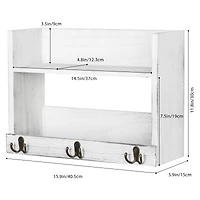 Rustic Wood Floating Storage Shelf with 3 Hooks
