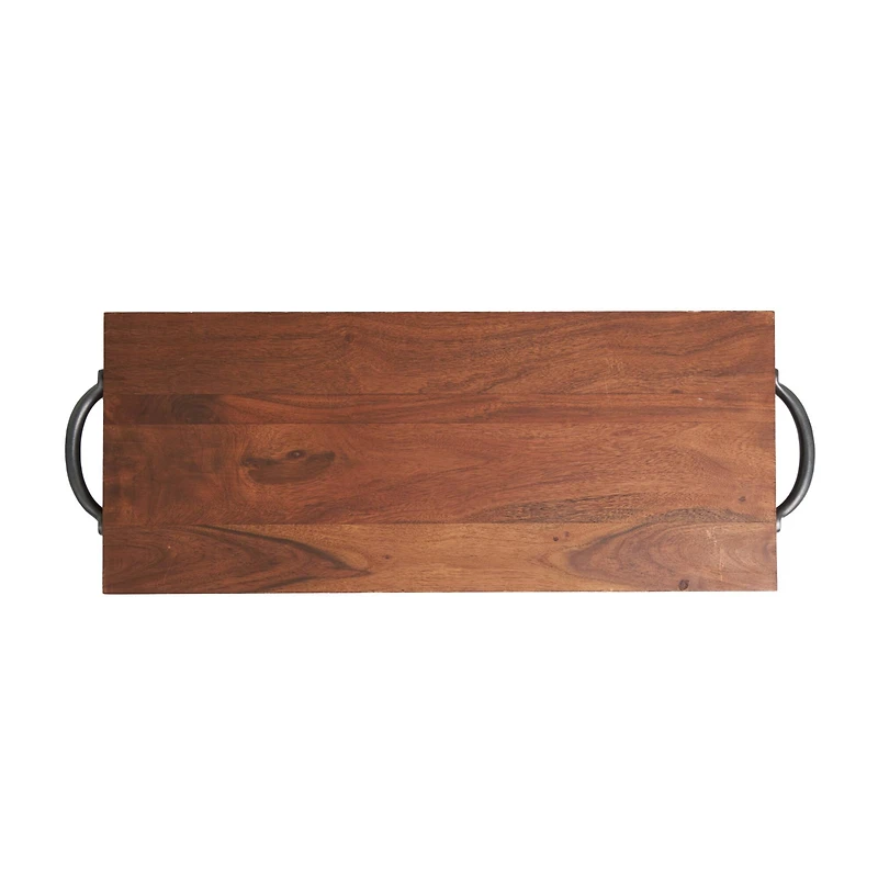 28" Brown Wood Tray with Black Metal Handles